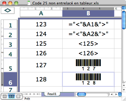 Code 2/5 not-interleaved in spreadsheet