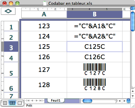 Codabar en tableur